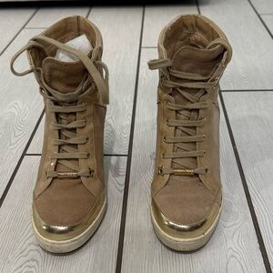 Jimmy Choo Tan and Gold High-Top Sneakers